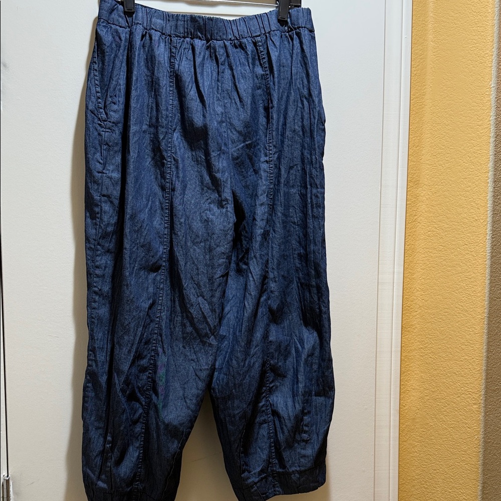 NWT OZAI N KU DENIM Cropped Pants Blue Denim Chambray Size L - Picture 6 of 9
